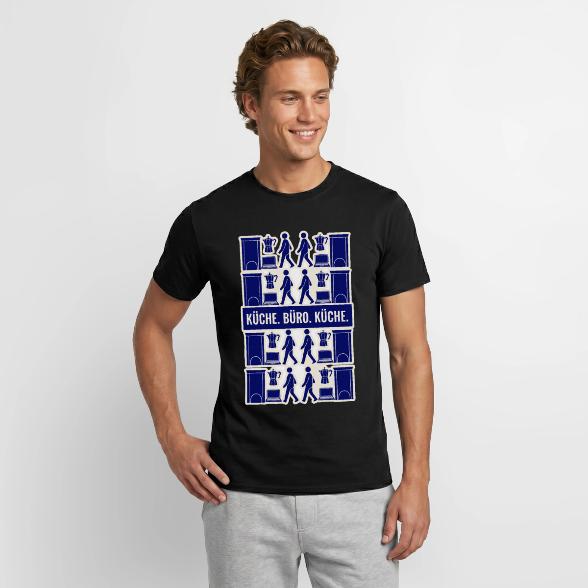 "Küche. Büro. Küche." Motiv-T-Shirt für Männer, Farbe Schwarz, Model