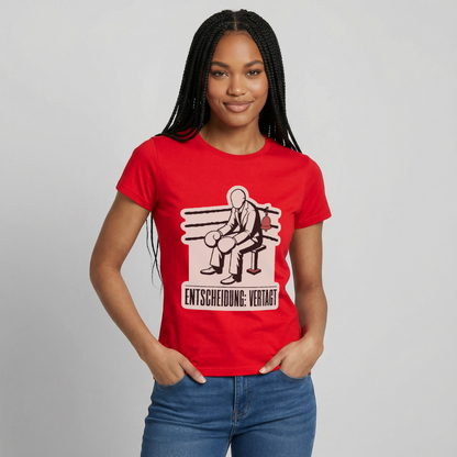 "Entscheidung: vertagt. Boxplakat-Motiv" Motiv-T-Shirt für Frauen, Farbe Rot