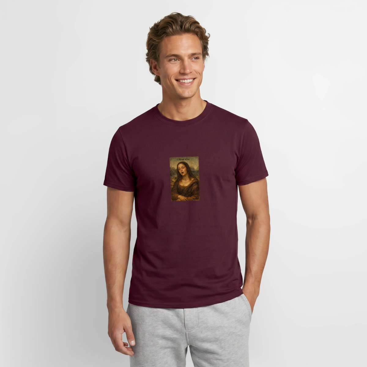 Moan Lisa Motiv-T-Shirt für Männer, Farbe Ziegelrot, Model