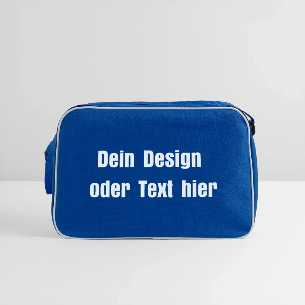 Retro Tasche mit Reißverschluss - personalisierbar - Blau/Weiß