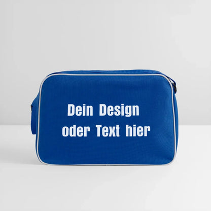 Retro Tasche mit Reißverschluss - personalisierbar - Blau/Weiß