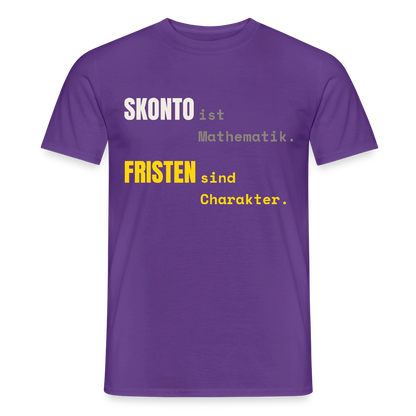"Skonto ist Mathematik. Fristen sind Charakter." Motiv-T-Shirt für Männer, Farbe Lila