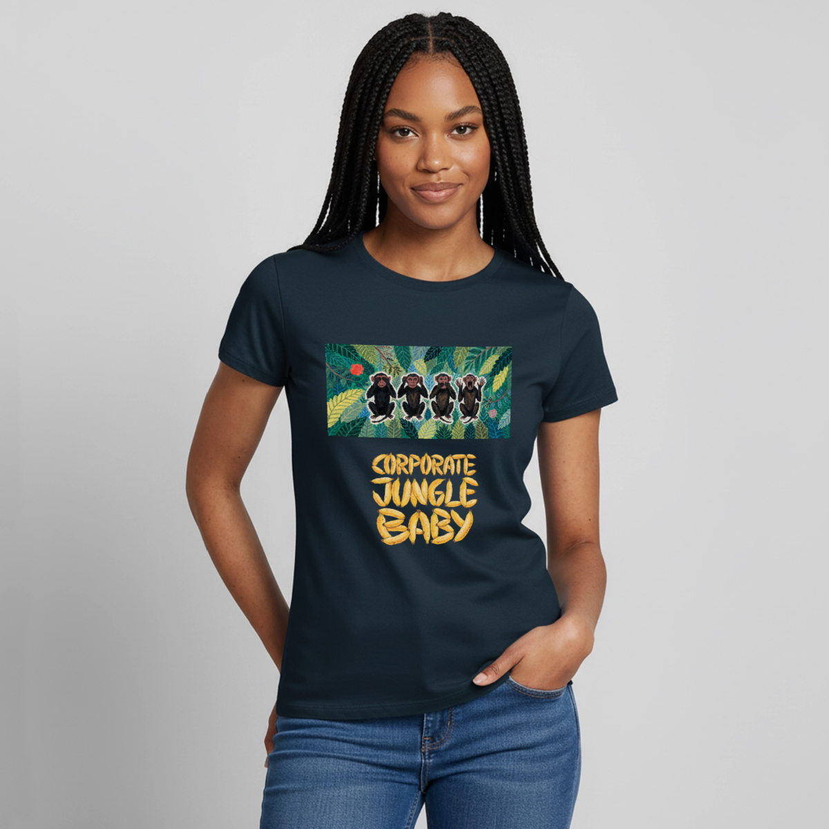 Corporate Jungle, Baby! Motiv-T-Shirt für Frauen, Farbe Navy, Model