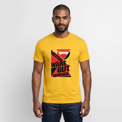 "Gestern wäre gut gewesen. Konstruktivismus-Motiv" Motiv-T-Shirt für Männer, Farbe Gelb