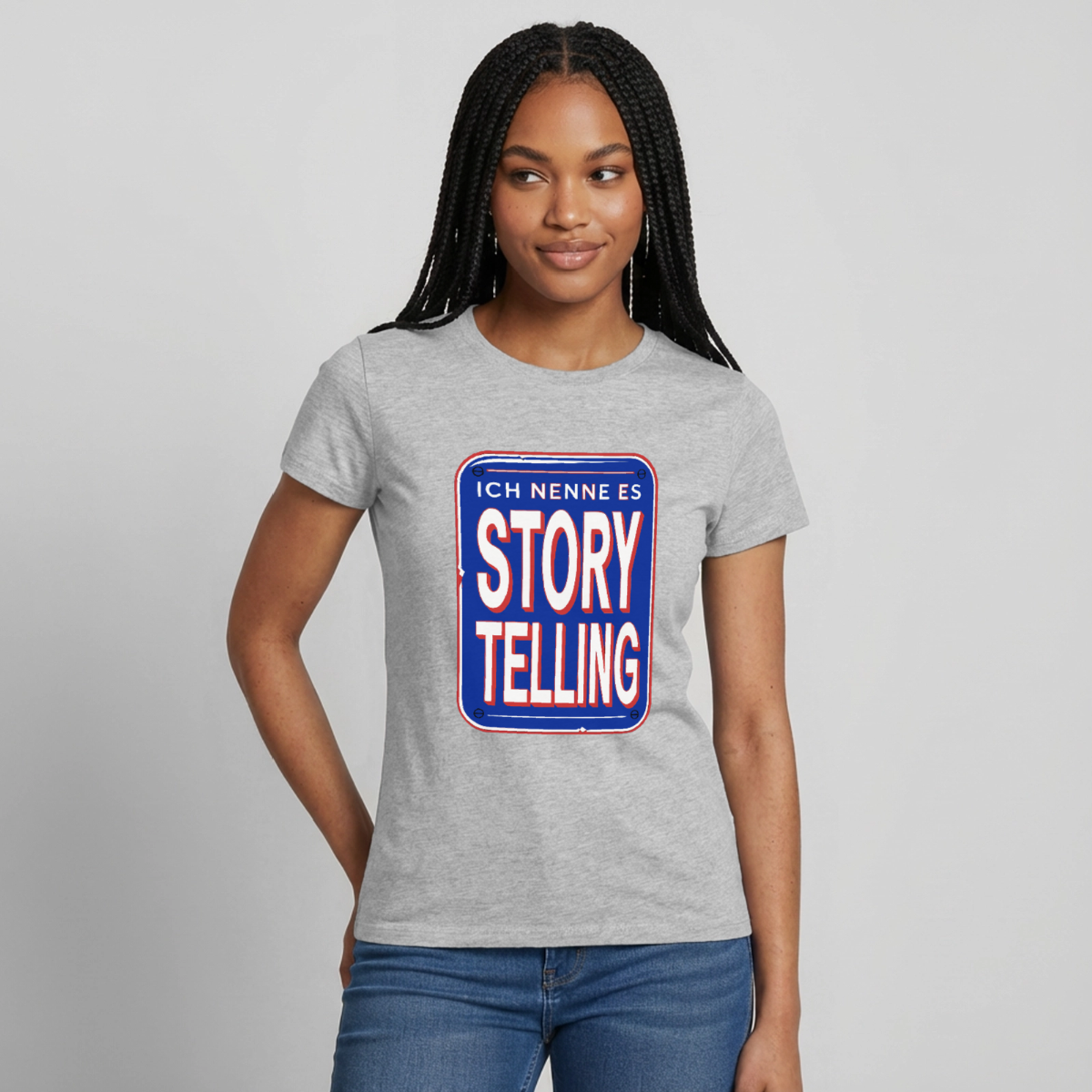 Ich nenne es Storytelling. Motiv-T-Shirt für Frauen, Farbe Grau meliert, Model