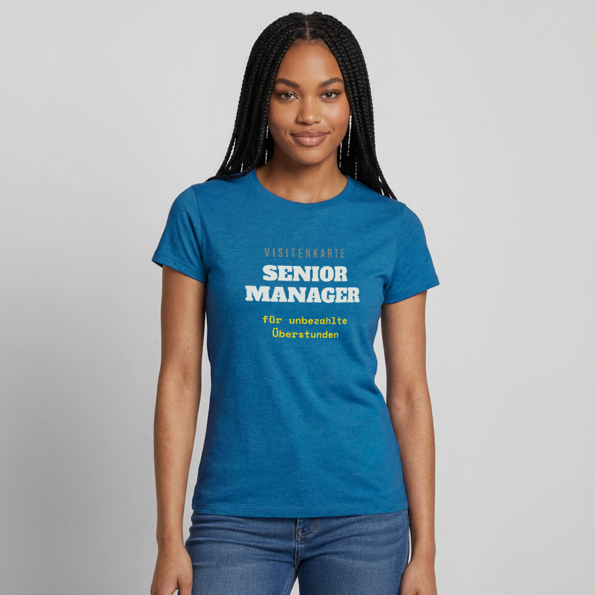 "Senior Manager für unbezahlte Überstunden" Motiv-T-Shirt für Frauen, Farbe Antikblaues Saphir meliert