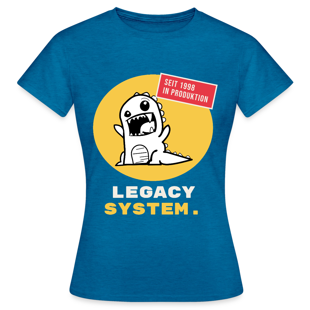 Legacy System. Seit 1998 in Produktion. Motiv-T-Shirt für Frauen, Farbe Antikblaues Saphir meliert