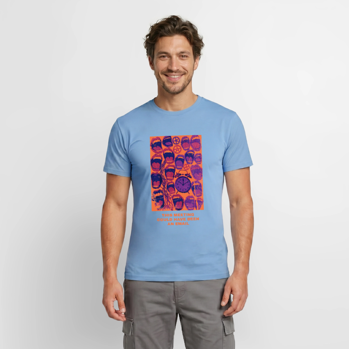 This meeting could have been an email. Popart-Motiv Motiv-T-Shirt für Männer, Farbe Carolina Blue, Model