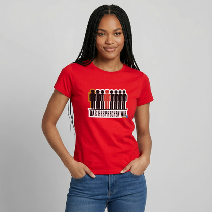 "Das besprechen wir. Isotype-Motiv" Motiv-T-Shirt für Frauen, Farbe Rot