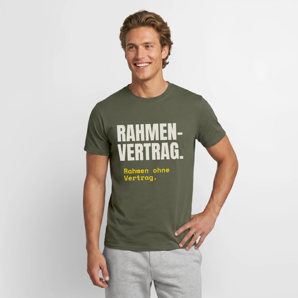 "Rahmenvertrag. Rahmen ohne Vertrag." Motiv-T-Shirt für Männer, Farbe Militärgrün