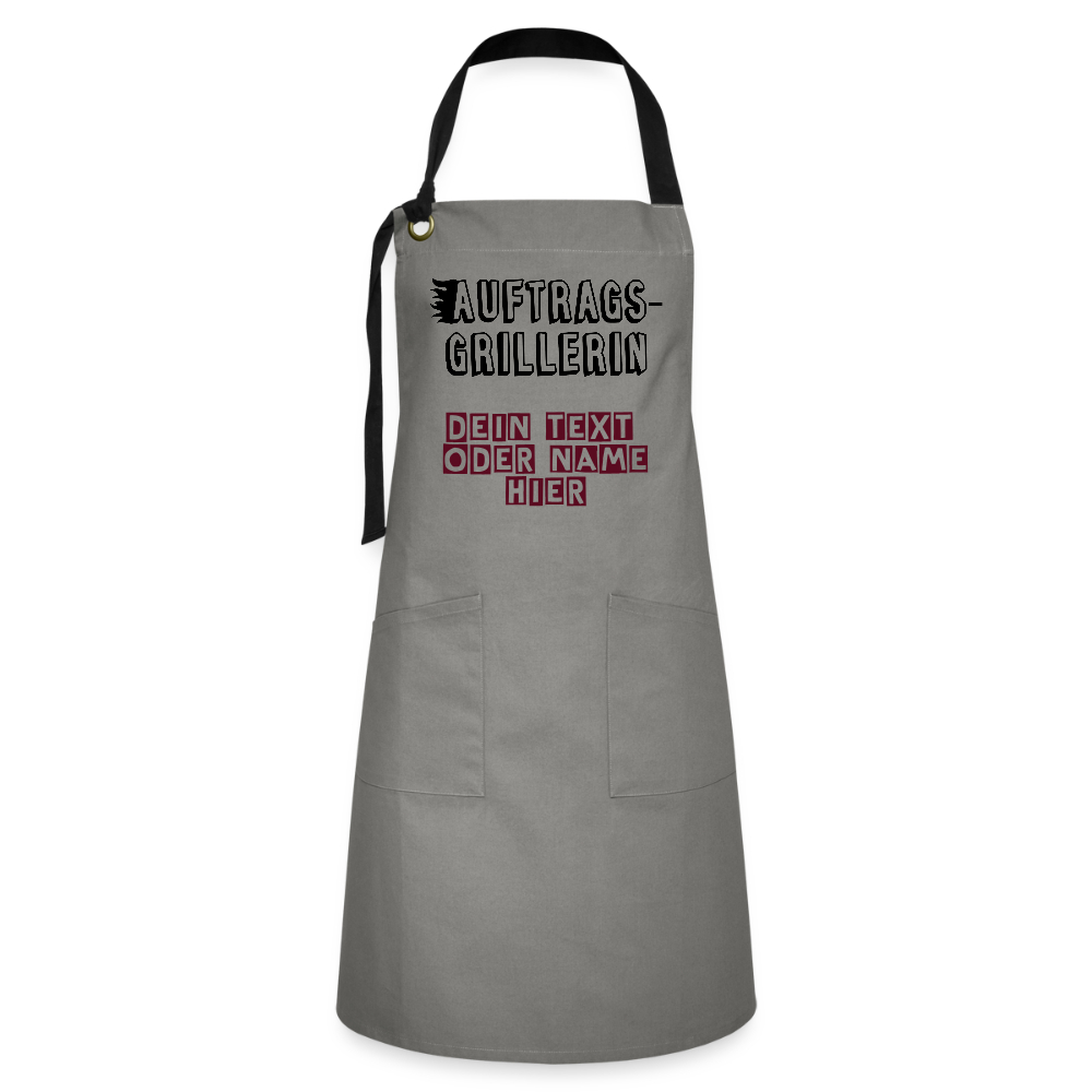 Kontrastschürze "Auftragsgrillerin" für Sie - personalisierbarer Name oder Text - Grau/Schwarz
