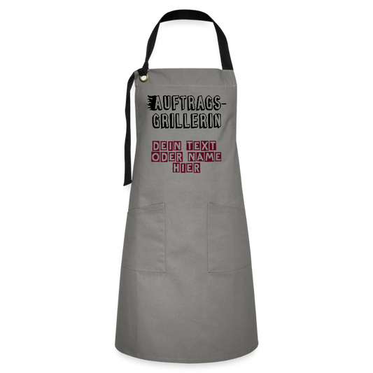 Kontrastschürze "Auftragsgrillerin" für Sie - personalisierbarer Name oder Text - Grau/Schwarz