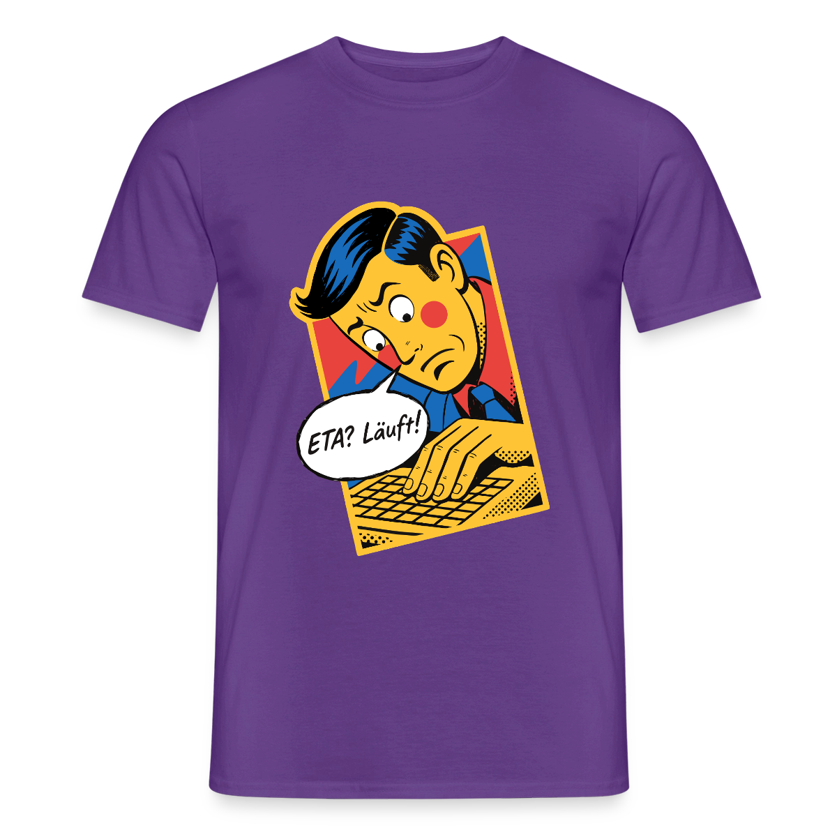 "ETA? Läuft! Popart-Motiv" Motiv-T-Shirt für Männer, Farbe Lila