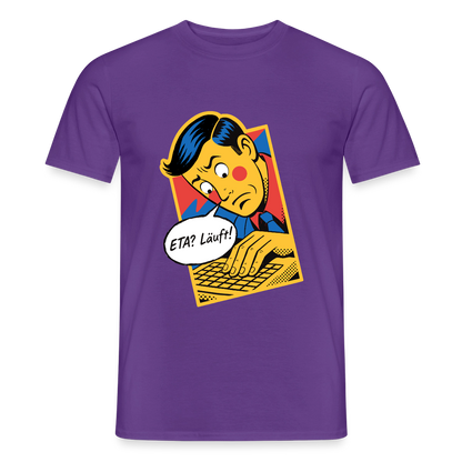 "ETA? Läuft! Popart-Motiv" Motiv-T-Shirt für Männer, Farbe Lila