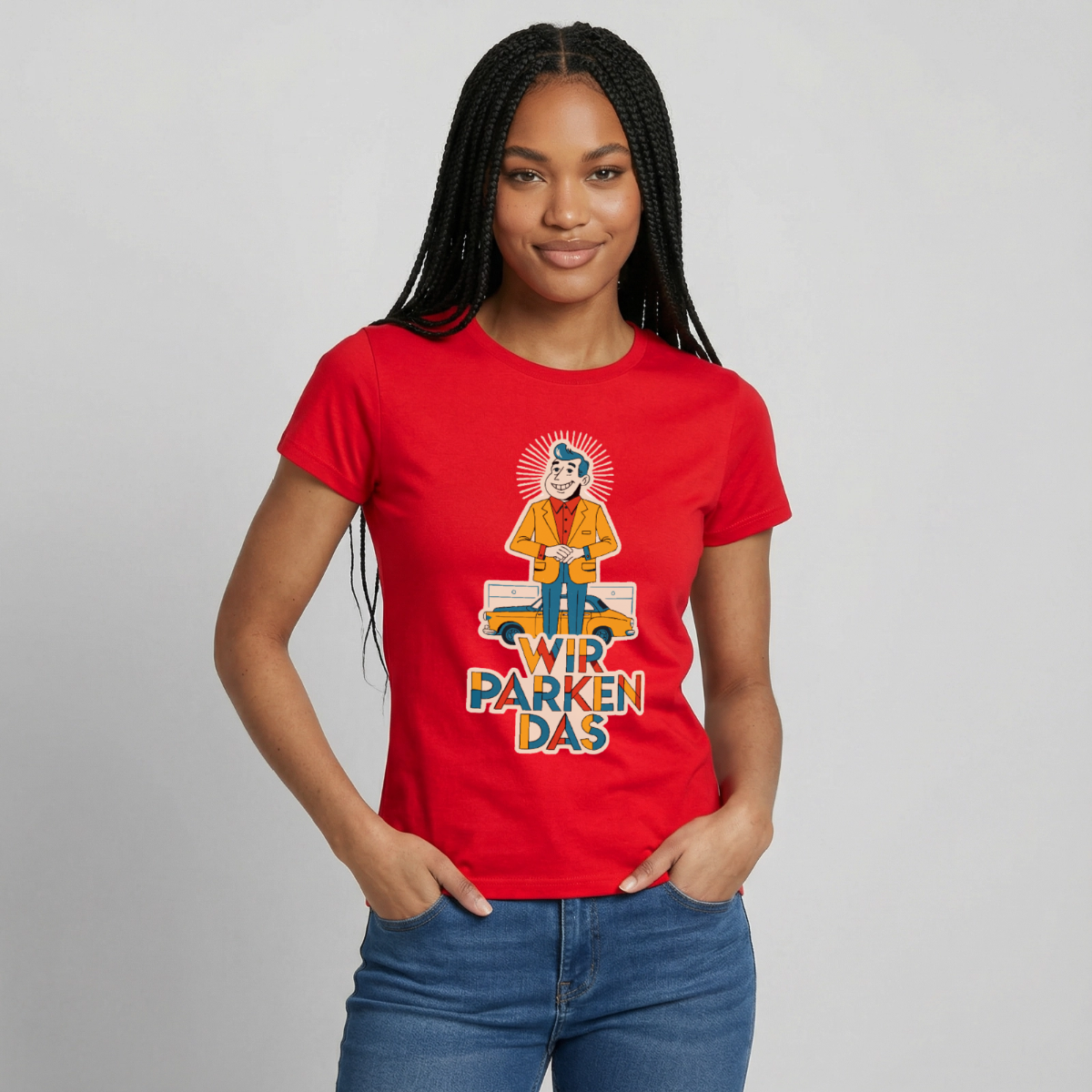 "Wir parken das. Midcentury-Motiv" Motiv-T-Shirt für Frauen, Farbe Rot