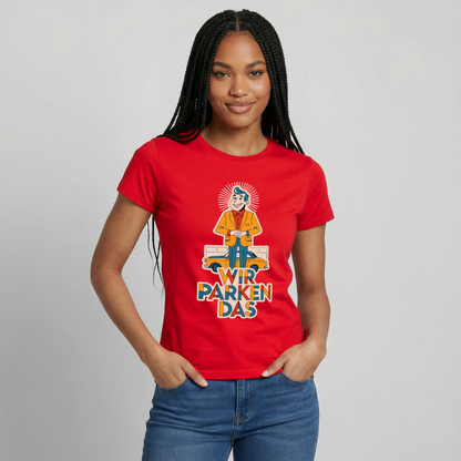 "Wir parken das. Midcentury-Motiv" Motiv-T-Shirt für Frauen, Farbe Rot