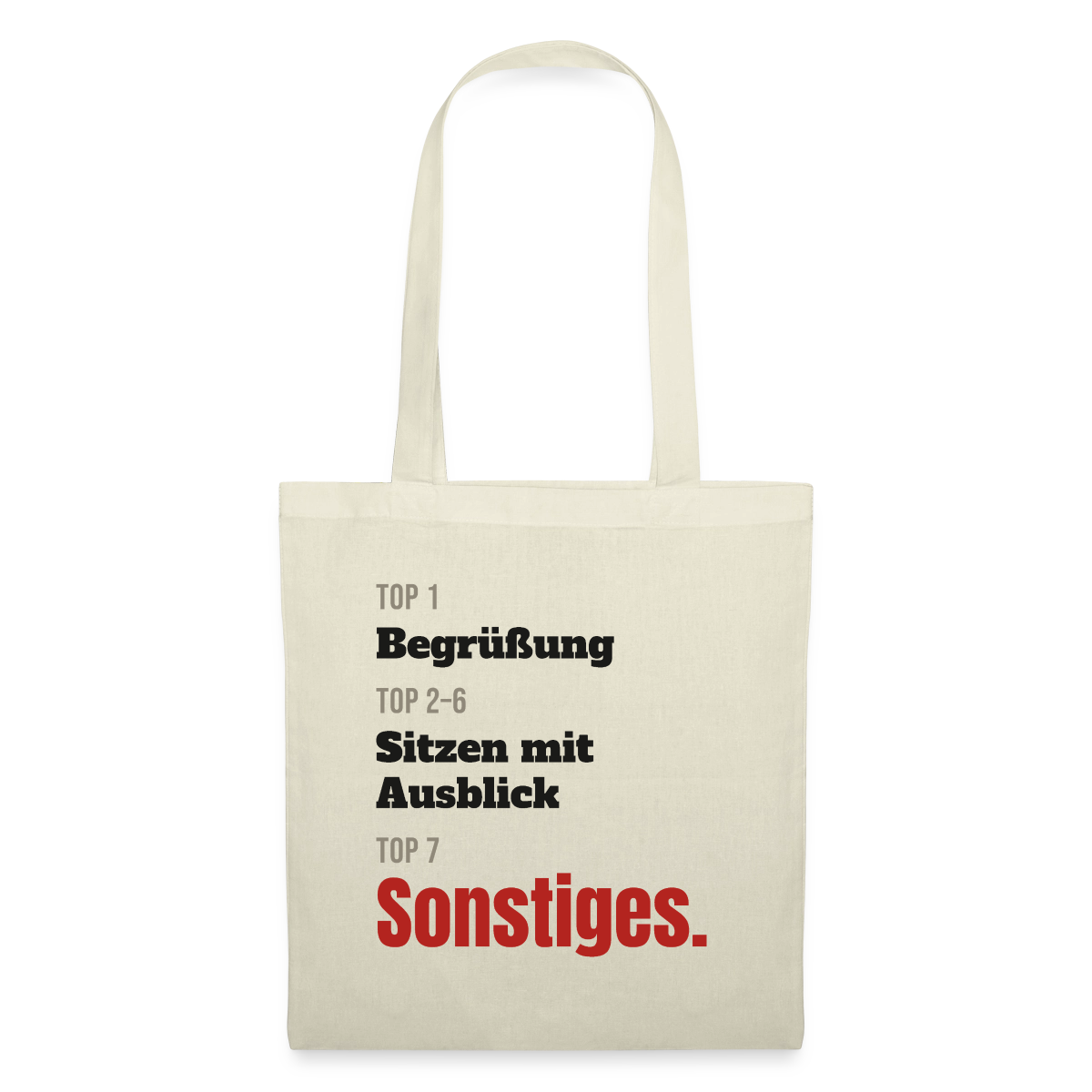 Top 1 Begrüßung, Top 2 bis 6 Sitzen mit Ausblick, Top 7 Sonstiges Stoffbeutel, Farbe Natur