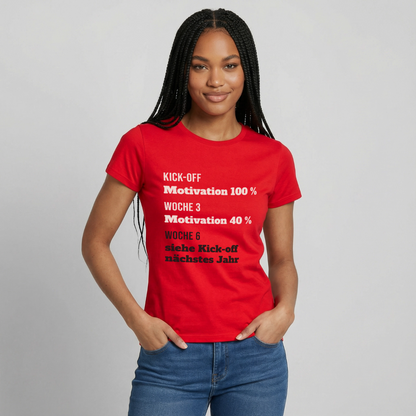 "Kick-off: Motivation 100 %. Woche 3: 40 %. Woche 6: siehe Kick-off nächstes Jahr" Motiv-T-Shirt für Frauen, Farbe Rot