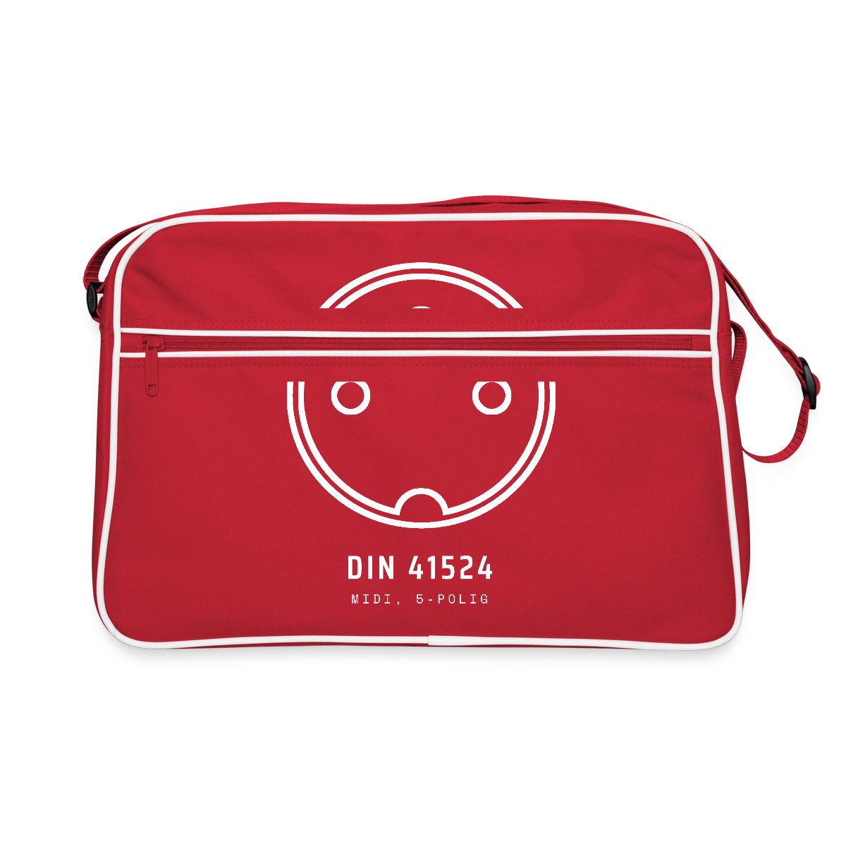 "DIN 41524, MIDI 5-polig" Motiv-Retro-Tasche, Farbe Rot/Weiß
