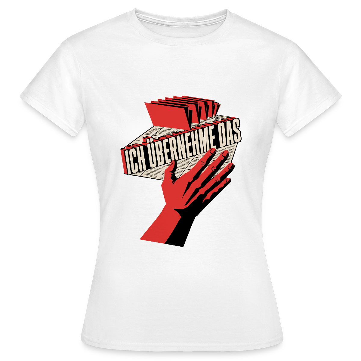 Ich übernehme das. Konstruktivismus-Motiv Motiv-T-Shirt für Frauen, Farbe Weiß