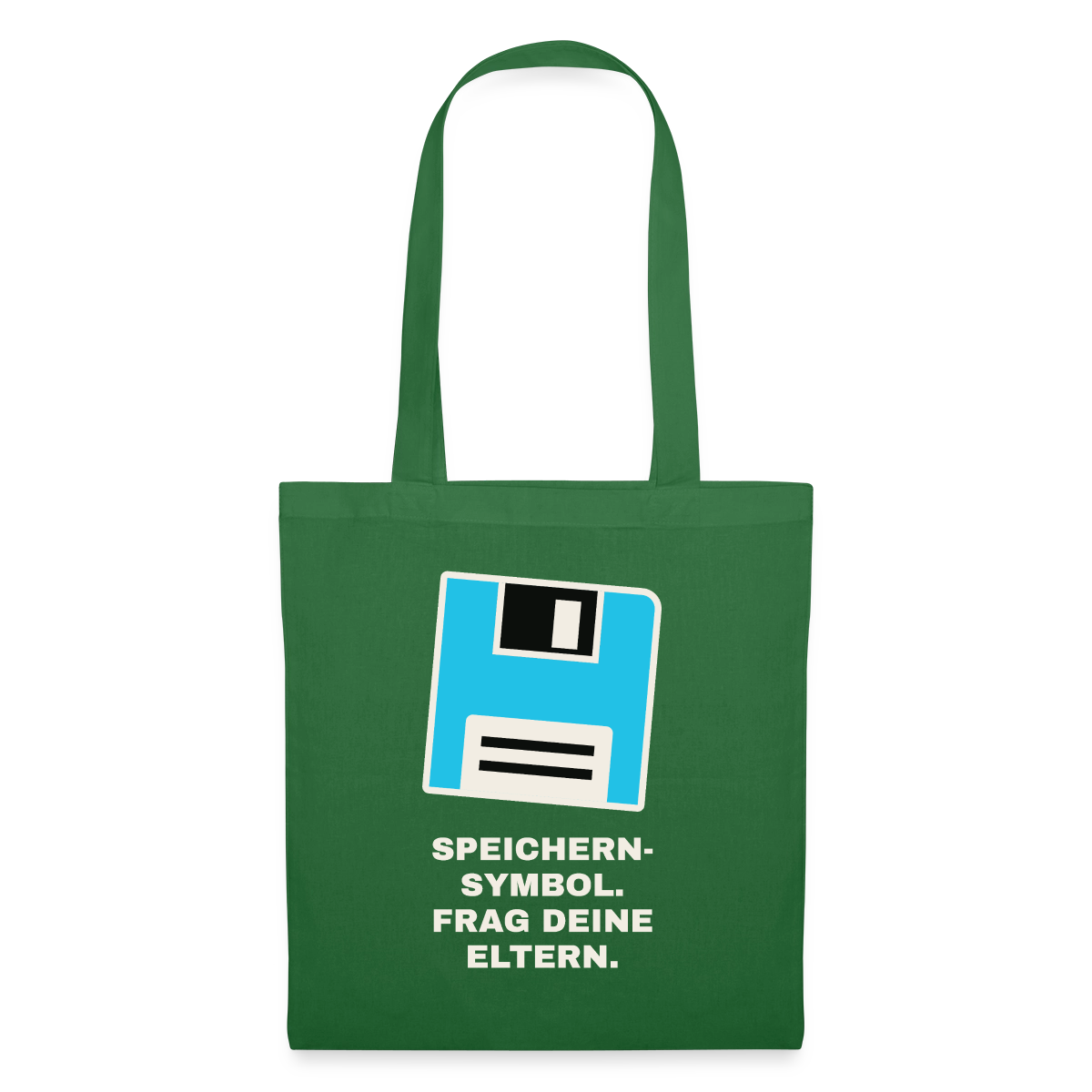 Speichern-Symbol. Frag deine Eltern. Stoffbeutel, Farbe Fichte