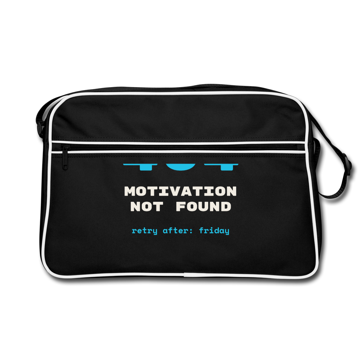 "404 Motivation not found. Retry after: friday" Motiv-Retro-Tasche, Farbe Schwarz/Weiß