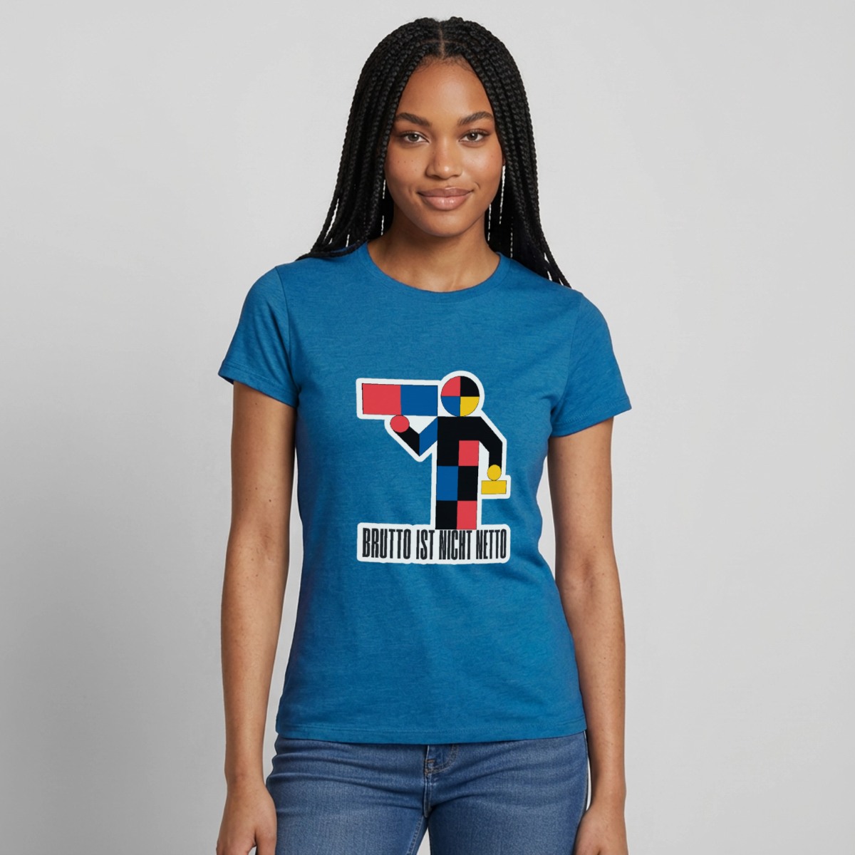 "Brutto ist nicht Netto. Bauhaus-Motiv" Motiv-T-Shirt für Frauen, Farbe Antikblaues Saphir meliert
