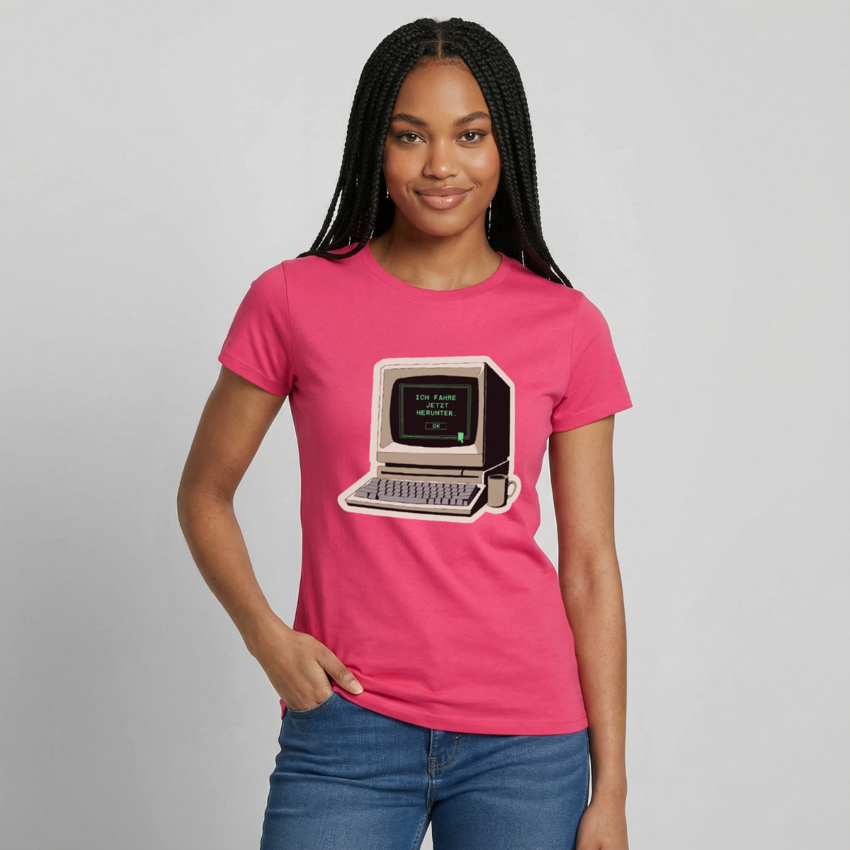 Ich fahre jetzt herunter. Motiv-T-Shirt für Frauen, Farbe Azalea, Model