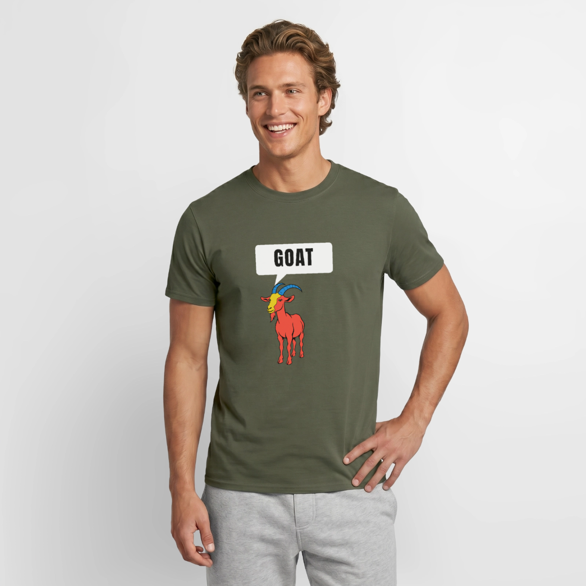 GOAT. Schild-Motiv Motiv-T-Shirt für Männer, Farbe Militärgrün, Model