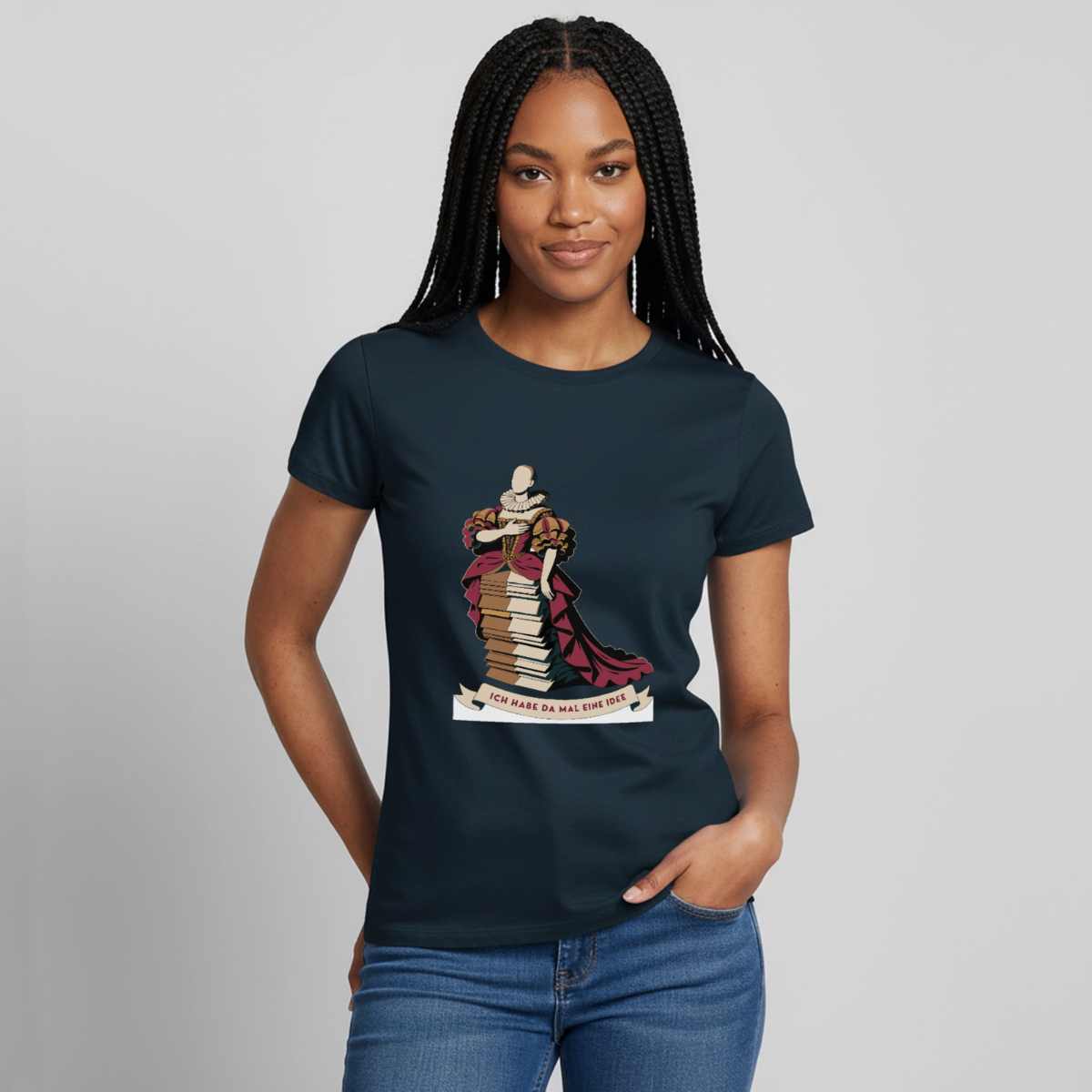 "Ich habe da mal eine Idee. Barock-Motiv" Motiv-T-Shirt für Frauen, Farbe Navy