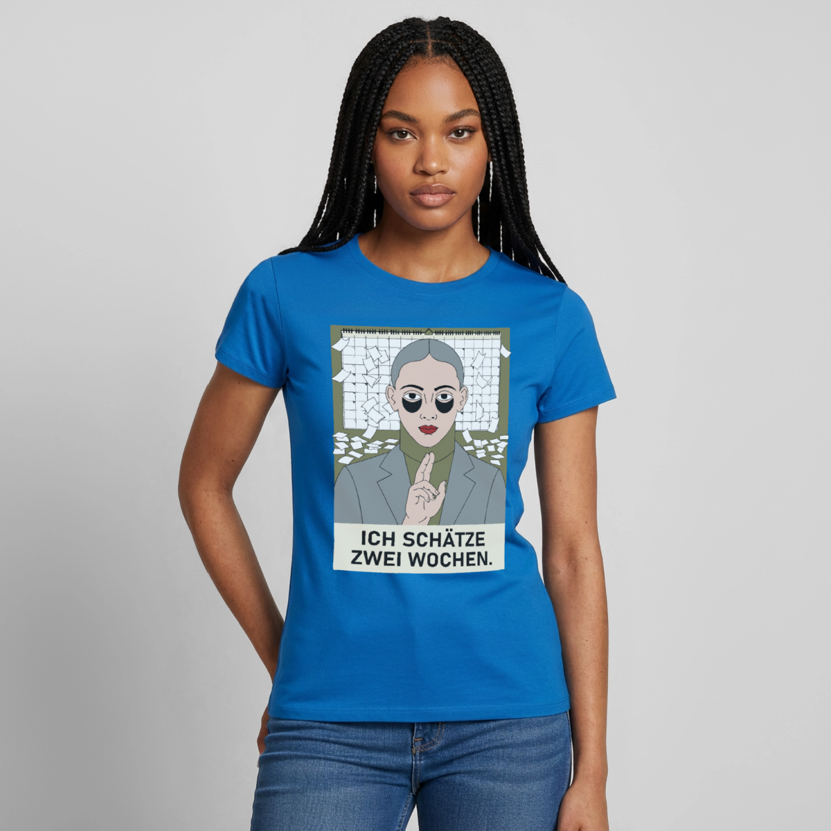 Ich schätze zwei Wochen. Porträt-Motiv Motiv-T-Shirt für Frauen, Farbe Royalblau, Model