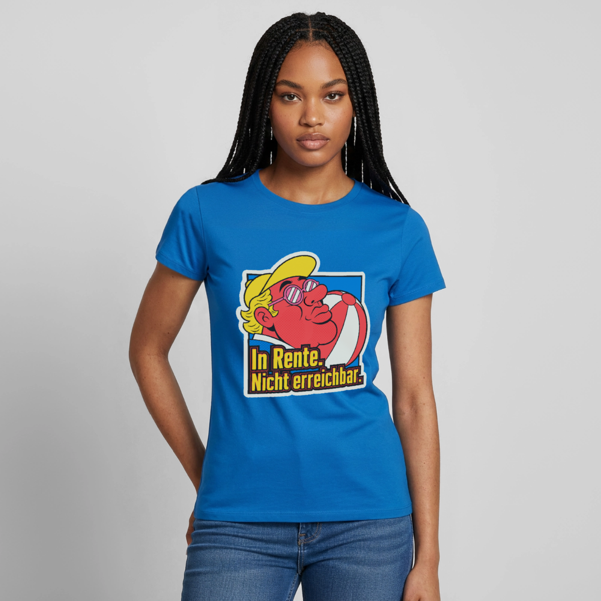 "In Rente. Nicht erreichbar. Popart-Motiv" Motiv-T-Shirt für Frauen, Farbe Royalblau