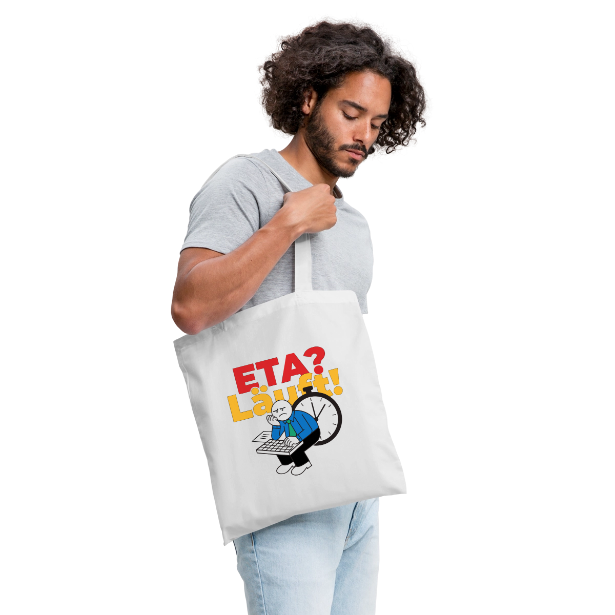 "ETA? Läuft! Strichfiguren-Motiv" Stoffbeutel, Farbe Weiß