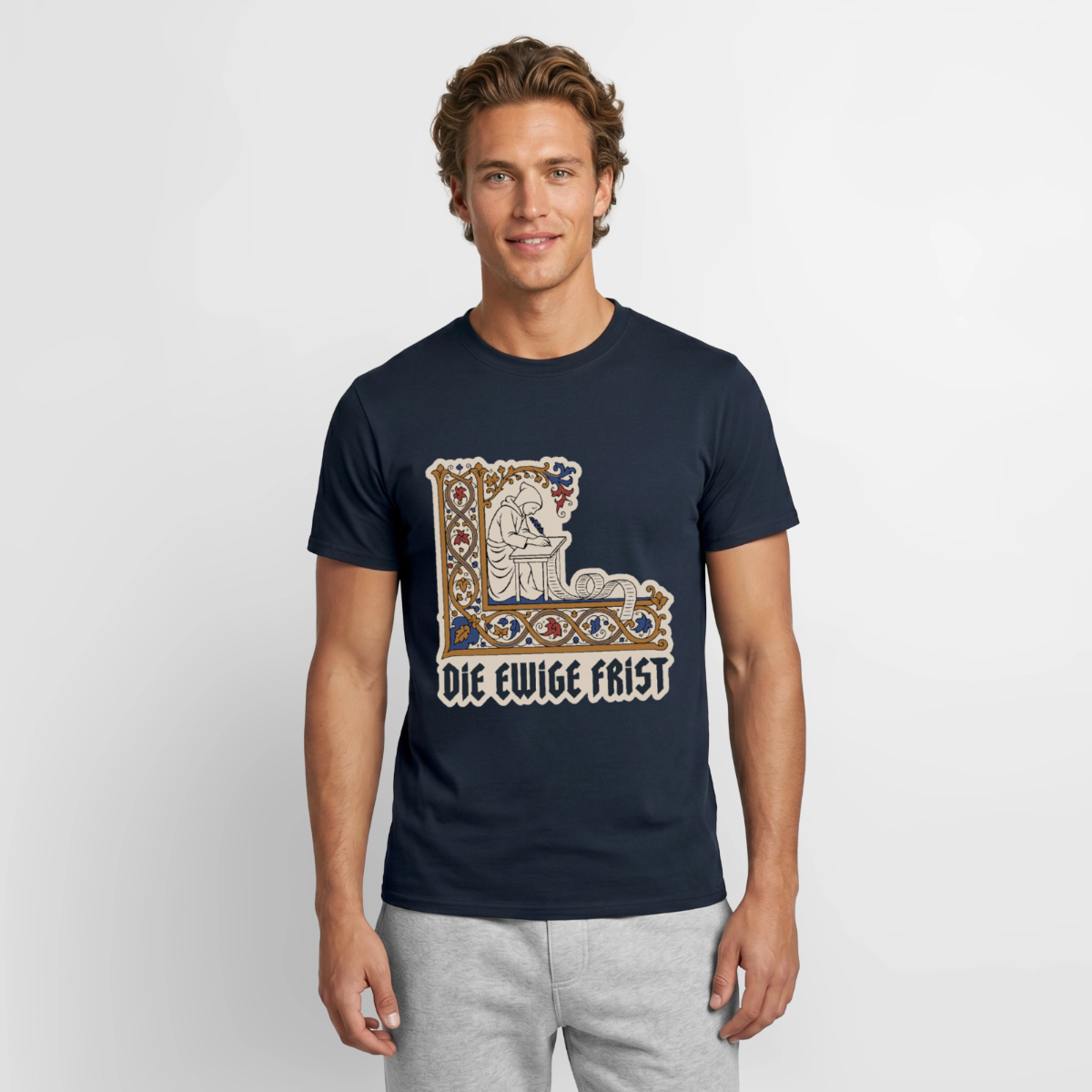 "Die ewige Frist. Buchmalerei-Motiv" Motiv-T-Shirt für Männer, Farbe Navy