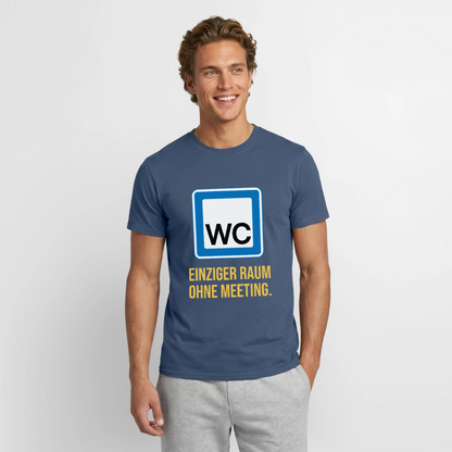 "WC: einziger Raum ohne Meeting. Schild-Motiv" Motiv-T-Shirt für Männer, Farbe Dunkles Denimblau
