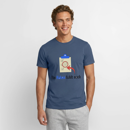 "Ein Haken fehlt noch." Motiv-T-Shirt für Männer, Farbe Dunkles Denimblau