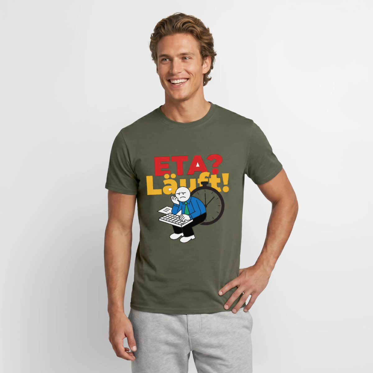 "ETA? Läuft! Strichfiguren-Motiv" Motiv-T-Shirt für Männer, Farbe Militärgrün