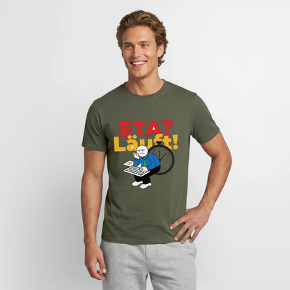 "ETA? Läuft! Strichfiguren-Motiv" Motiv-T-Shirt für Männer, Farbe Militärgrün