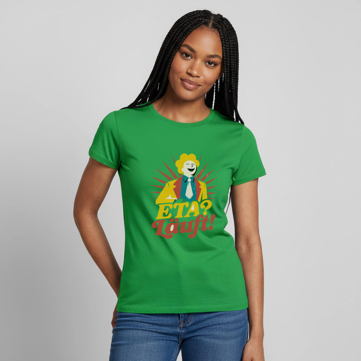 "ETA? Läuft! Midcentury-Motiv" Motiv-T-Shirt für Frauen, Farbe Kelly Green