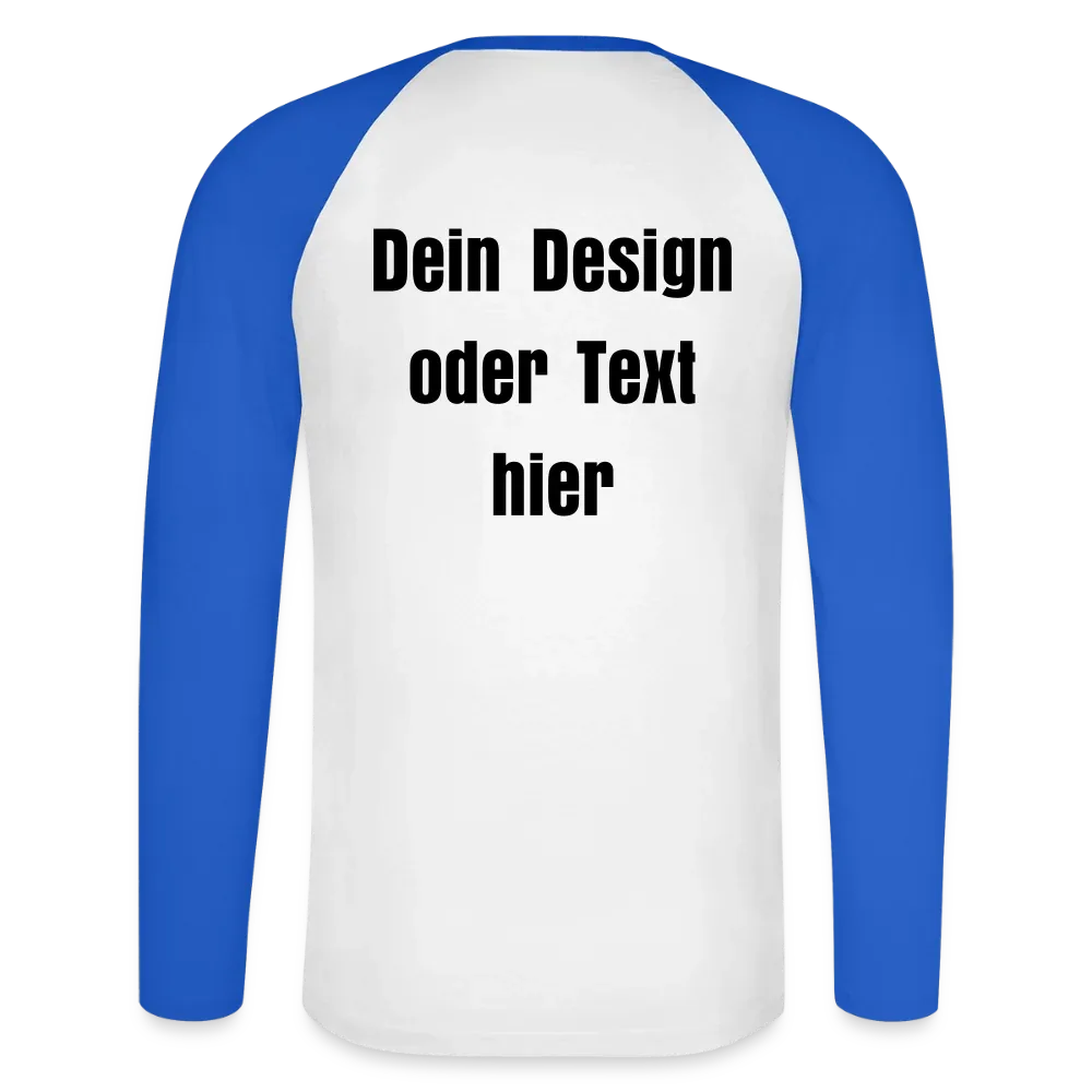 Männer Baseballshirt langarm - personalisierbare Vorder- und Rückseite - Weiß/Royalblau