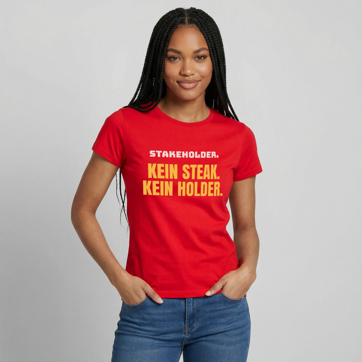 "Stakeholder. Kein Steak. Kein Holder." Motiv-T-Shirt für Frauen, Farbe Rot