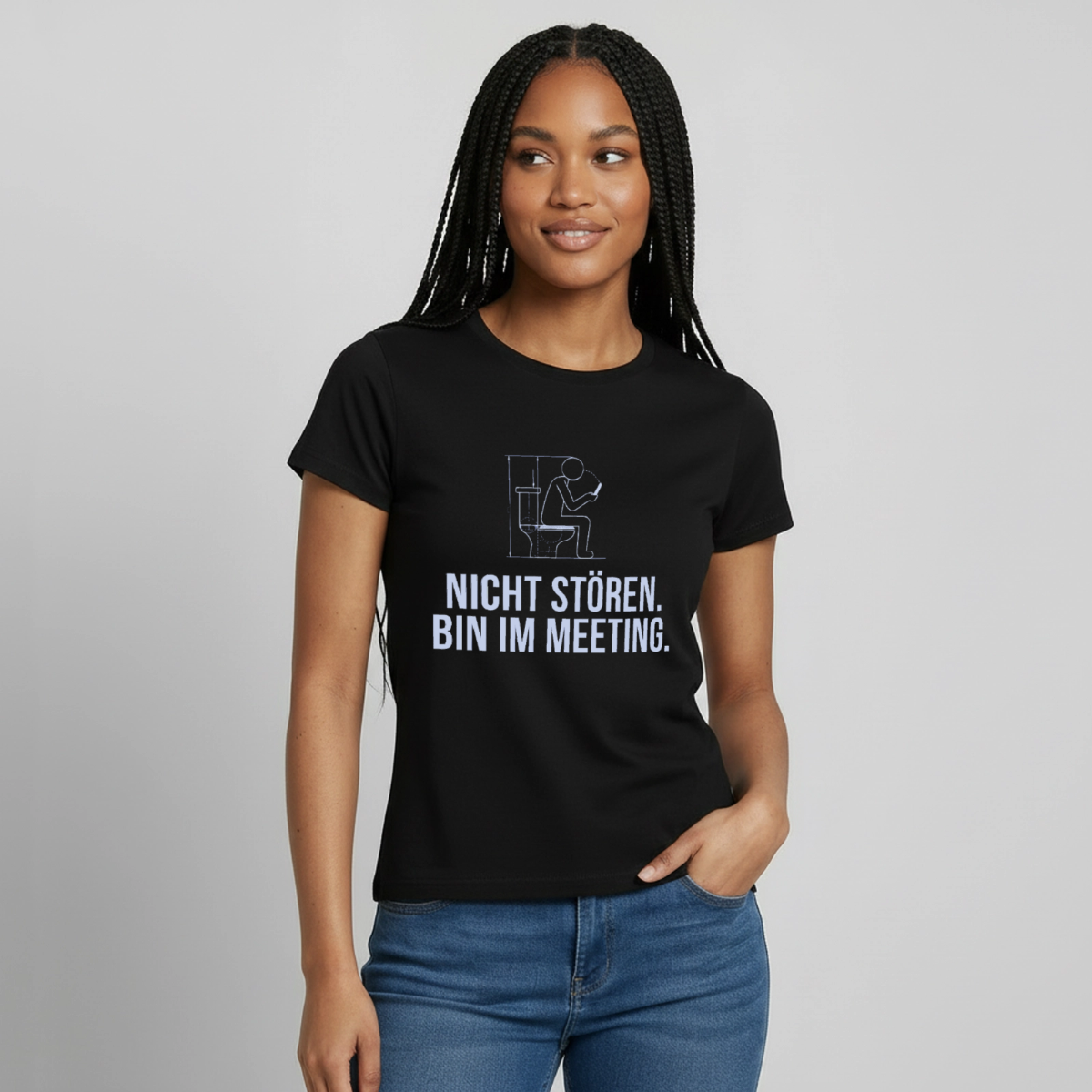 Nicht stören. Bin im Meeting. Motiv-T-Shirt für Frauen, Farbe Schwarz, Model