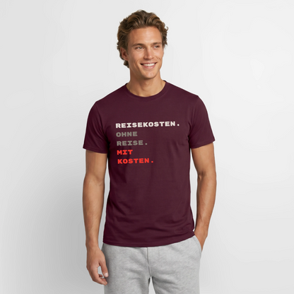 "Reisekosten. Ohne Reise. Mit Kosten." Motiv-T-Shirt für Männer, Farbe Ziegelrot