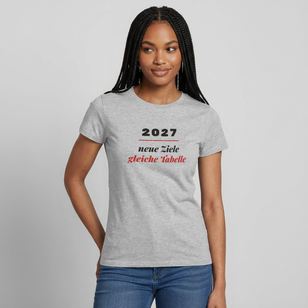 "2027: neue Ziele, gleiche Tabelle" Motiv-T-Shirt für Frauen, Farbe Grau meliert