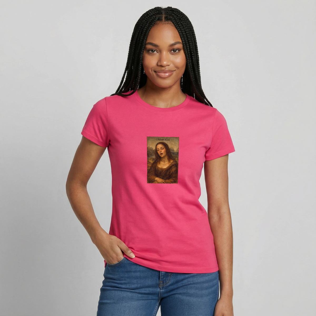 Moan Lisa Motiv-T-Shirt für Frauen, Farbe Azalea, Model