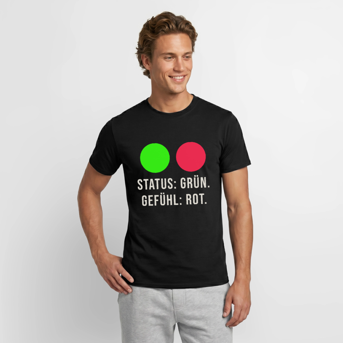 "Status: grün. Gefühl: rot." Motiv-T-Shirt für Männer, Farbe Schwarz, Model