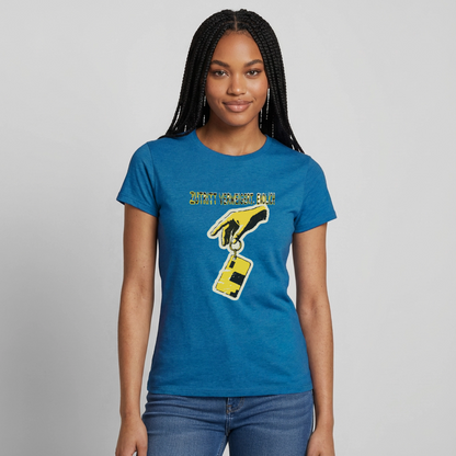 "Zutritt verweigert. Endlich." Motiv-T-Shirt für Frauen, Farbe Antikblaues Saphir meliert