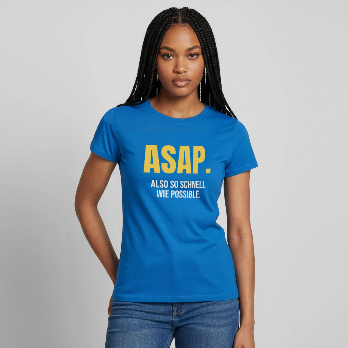 "ASAP. Also so schnell wie possible." Motiv-T-Shirt für Frauen, Farbe Royalblau