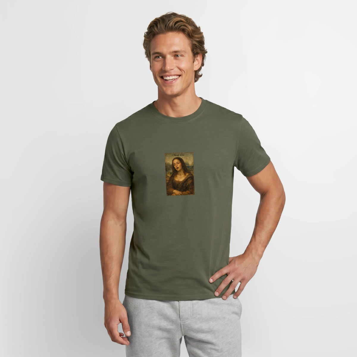 Moan Lisa Motiv-T-Shirt für Männer, Farbe Militärgrün, Model