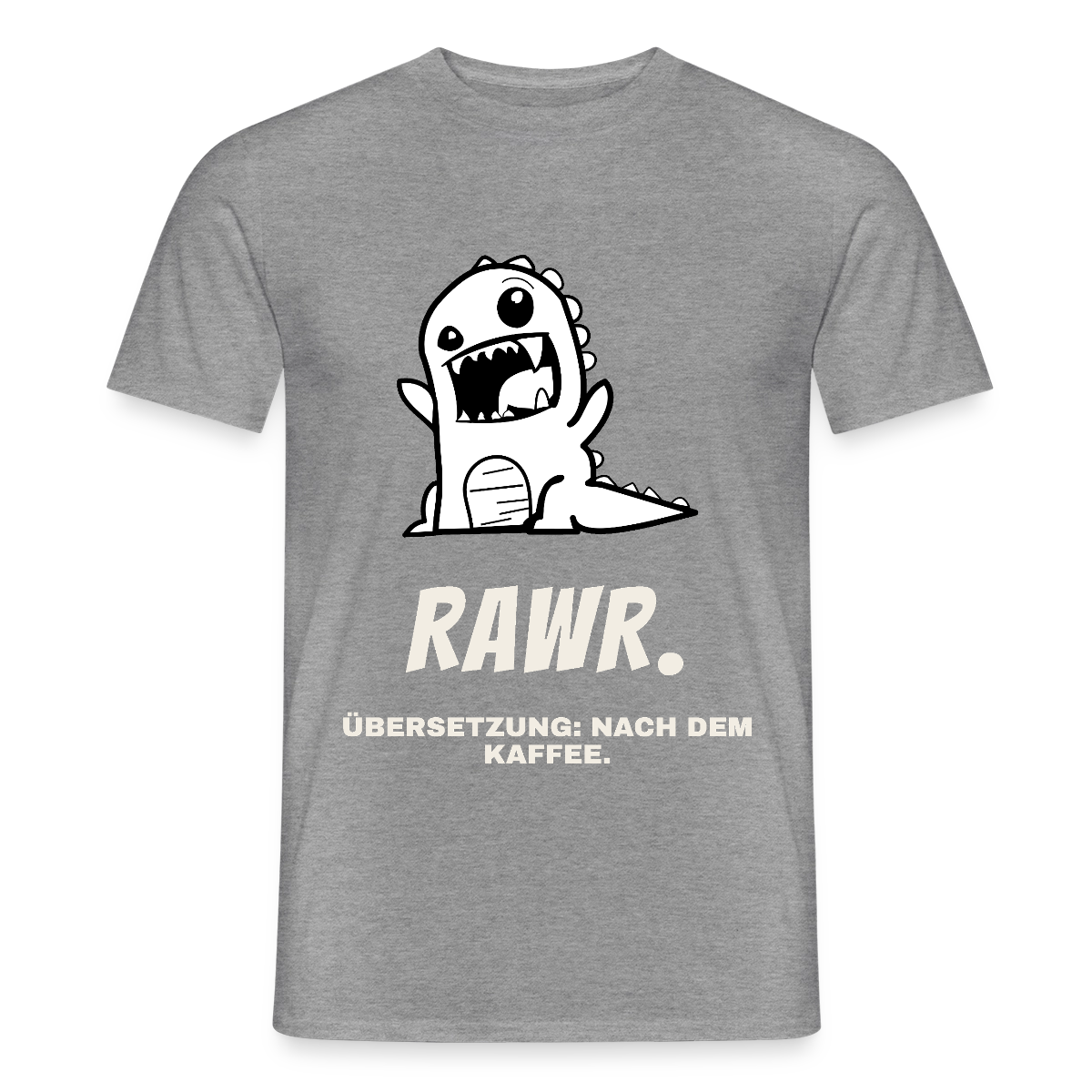 "Rawr. Übersetzung: nach dem Kaffee." Motiv-T-Shirt für Männer, Farbe Graphit meliert